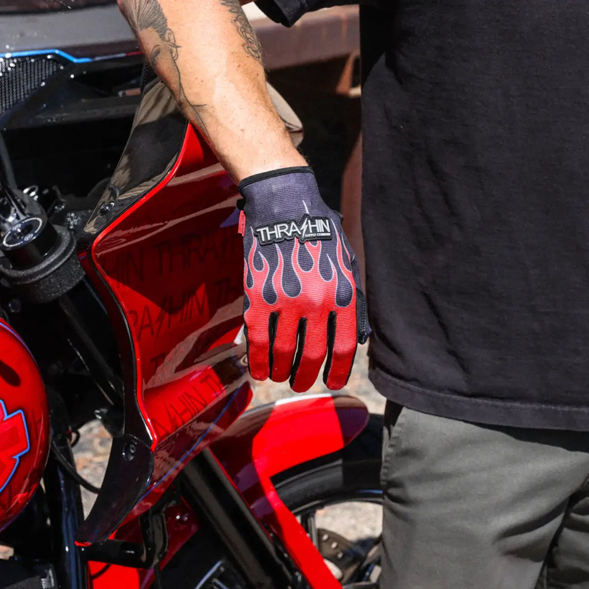 Thrashin Supply Co - Stealth Flame Leather Palm Gloves Red