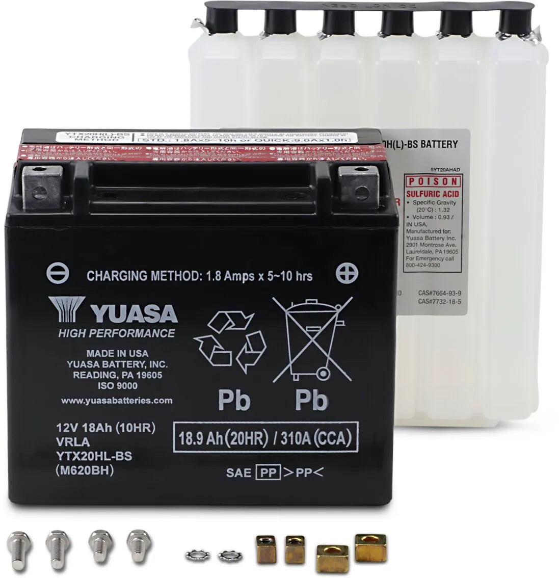 Yuasa YTX20HL-BS AGM Maintenance-Free Battery 310 CCA